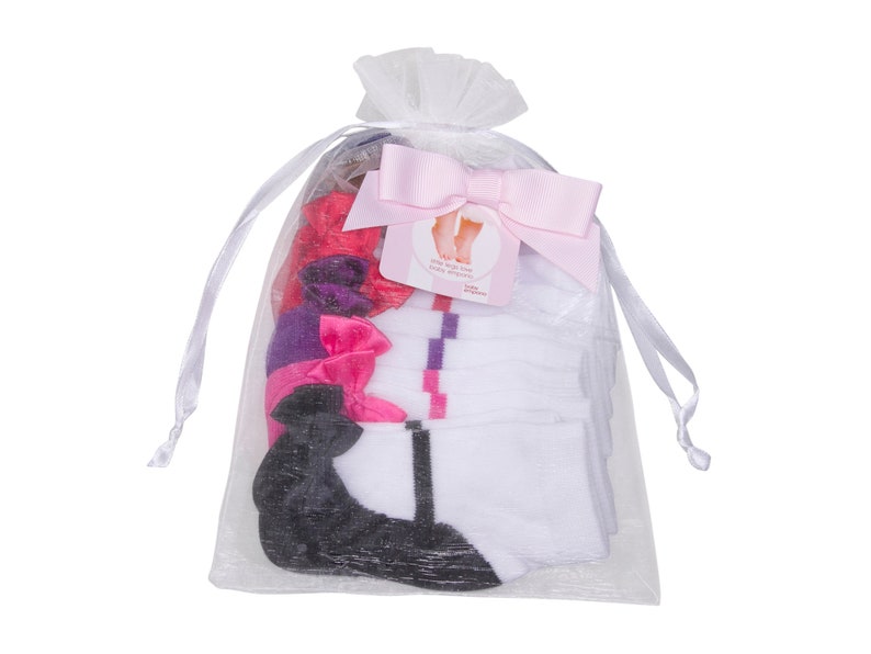 Anti slip-Soft Cotton-6 Pairs Gift Pouch Baby Girl Socks that look like shoes- 3-12 Months Baby Shower Gift MARY JANE CLASSICS