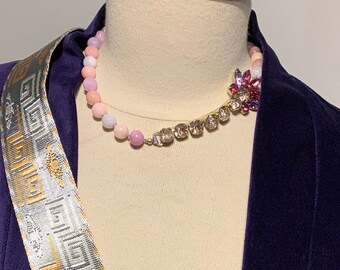 Flower necklace, Chalcedony statement necklace, Choker with natural stones and crystals, Pink, blue, purple colors short necklace