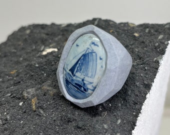 Delft Blue Ring with Genuine Antique Porcelain Piece Statement