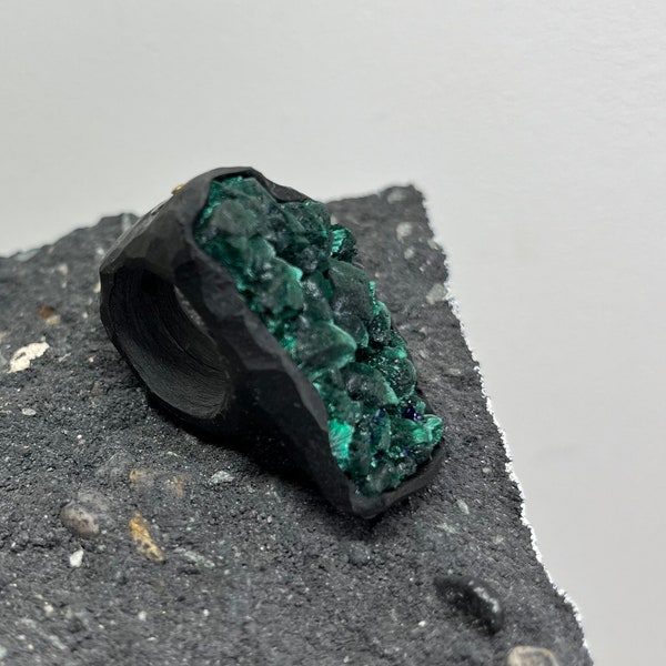 Malachite ring, Statement jewelry piece, Wearable art with gemstone, Long bar ring