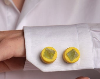 Yellow Fluorite cufflinks, Statement accessories, Unisex chic casual accessory, Cuff links with gemstones,