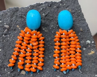 Bright Coral earrings, Chandelier earrings, Drop and dangle clips, Statement recycled jewelry
