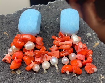 Dangling earrings, Chic cocktail clips, Pearls and corals earrings, Recycled red coral jewelry, Playful accessories