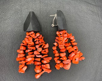 Red coral earrings, Long statement clip-on with pins earrings, Dangling earrings, Unique jewelry
