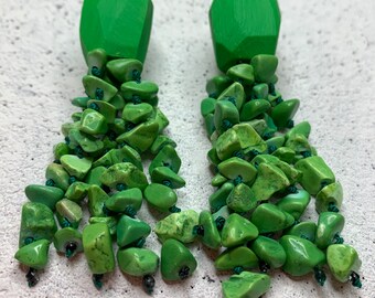 Green Turquoise earrings, Chandelier clips monochrome, Art contemporary tangling earrings