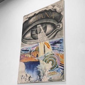 Puede incluir: Obra de arte enmarcada con la palabra "ESPANA" sobre un ojo surrealista. La pupila del ojo conduce a un paisaje con una bandera española. La obra utiliza una variedad de colores, incluyendo azul, amarillo y naranja.