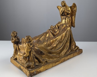 Queen and Angels sculpture in golden terracotta