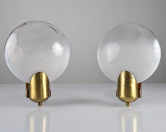 Pair of vintage wall lights in wood, brass and oval two-tone glass 1970s