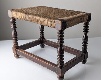 Traditional Spanish Rush Bench with Turned Legs, 1940s