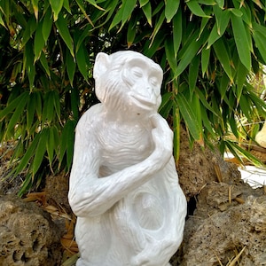 Puede incluir: Estatua de mono de cerámica blanca sentada sobre rocas con plantas de bambú verdes en el fondo.