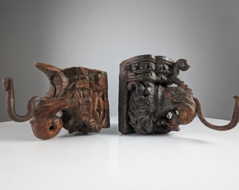 Pair of Antique Wood Carved Elephant Head Hangers, India