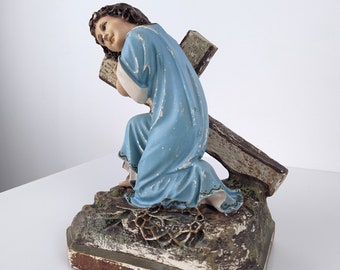 Baby Jesus kneeling on the cross with glass eyes by Blessed Claret of Olot