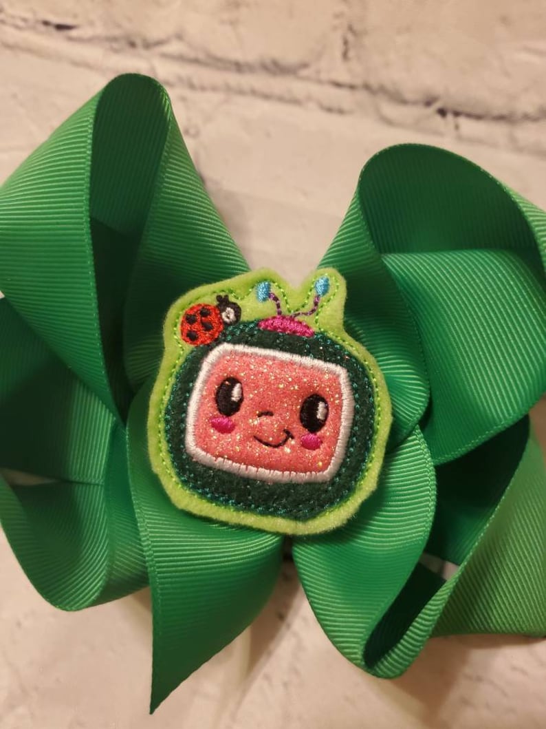 Cocomelon Baby or Girl Hair Bow Embroidered Alligator Clip 6 Birthday Party