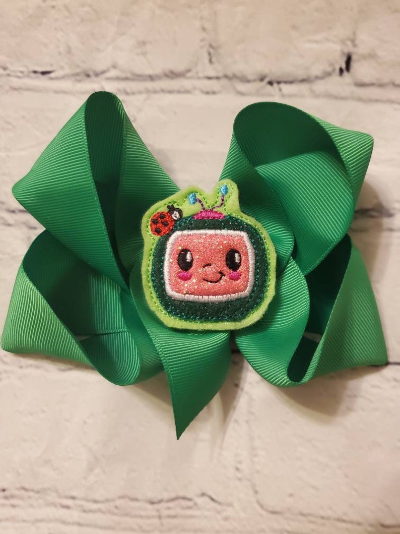 Cocomelon Baby or Girl Hair Bow Embroidered Alligator Clip 6 Birthday Party