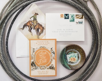 The Rodeo Save the Date: western wedding save the dates, cowboy wedding invites, southwestern ranch stationery suite, mountain wedding