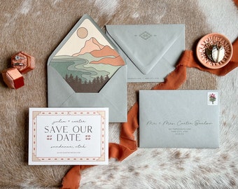 The Sundance Save the Date: mountain wedding save the dates, modern western wedding invites, southwestern ranch stationery suite