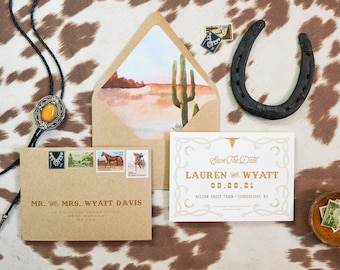 The Mesa Save the Date: western wedding save the dates, cowboy wedding invites, southwestern ranch stationery suite, desert rodeo wedding