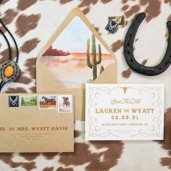 The Mesa Save the Date: western wedding save the dates, cowboy wedding invites, southwestern ranch stationery suite, desert rodeo wedding