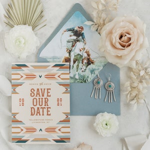 May include: A save the date card with a Southwestern design featuring a geometric pattern in shades of orange, blue, and brown. The card says "Monica & Kayce Save Our Date 06.19.2021 Yellowstone Ranch Livingston, MT".