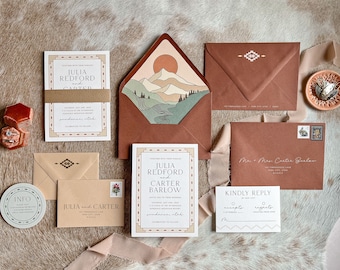 The Sundance Suite: mountain wedding invitations, modern western wedding invites, southwestern ranch stationery suite