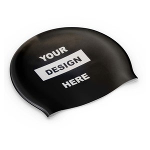 Custom Silicone Swim Cap; Personalise w/ logos, team names in a black Cap with white print
