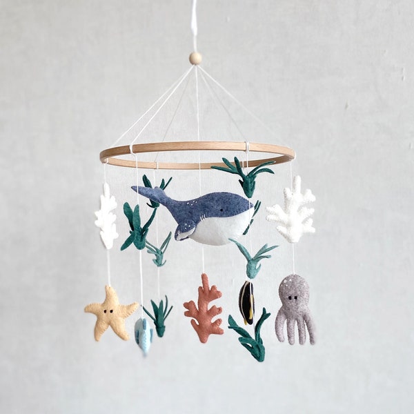 Whale Baby Mobile Nursery, Ocean Nautical Hanging Mobile, Coastal Neutral Mobile, Sea Life Mobile Bebe, Baby Shower Gift