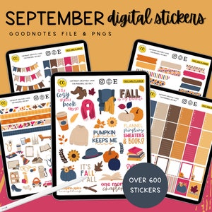 September Digital Planner Sticker, Fall Precropped GoodNotes stickers, Book Planner Stickers, Pumpkin Sticker Kit, Autumn Digital Stickers