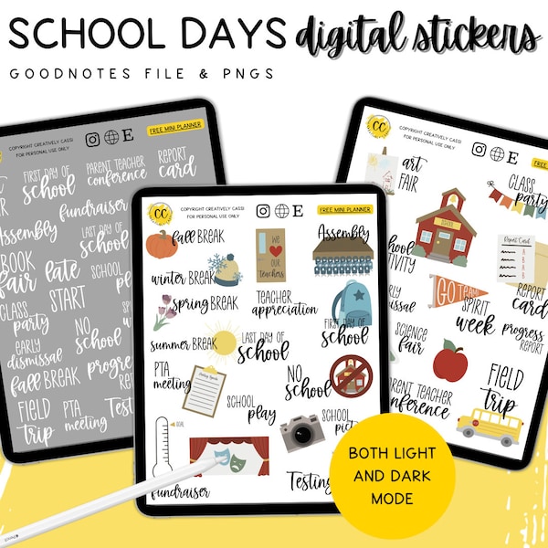 School Days Digital Planner Stickers, Teacher GoodNotes Stickers, Education Digital Bullet Journal Stickers, Student PNG Clipart