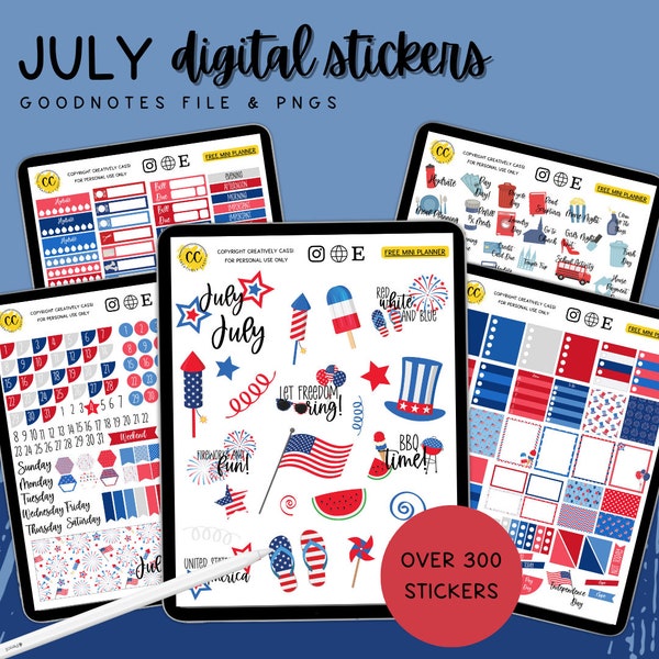 July Digital Planner Stickers, Summer Sticker Kit, 4th of July Goodnotes Stickers, Independence Day Xodo Planner Stickers, Mom Stickers
