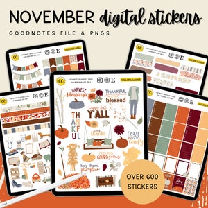 November Digital Planner Sticker Kit, herfst voorgesneden GoodNotes-stickers, pompoenplannerstickers, herfst digitale stickers, bladstickers