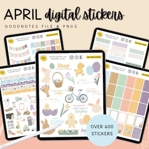 April Digital Planner Sticker Kit, Easter GoodNotes Stickers, Spring Flower Digital Planner Stickers, Precropped Digital Stickers