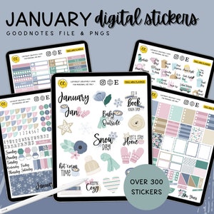 Kit mensile di gennaio Adesivi digitali, Adesivi per pianificatore invernale, Adesivi per pianificatore di giorni di neve, Adesivi Goodnotes, Adesivi per pianificatore preritagliato