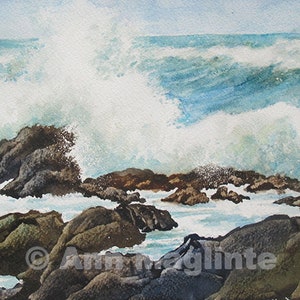 On the Coast, ocean, water, sea, breaking waves, rocks,  sea foam, watercolor, giclee, nature