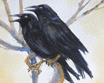 Two Part Harmony, ravens. birds, nature, wildlife, watercolor painting, giclee, original art, home decor, Hallowe'en, companionship