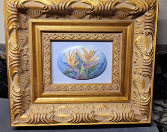 Hand painted on porcelain framed art by Mary Belle Cordell