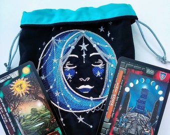 Embroidered Silver Luna Drawstring Bag/ Tarot Pouch/Rune Bag/ Crystal Pouch