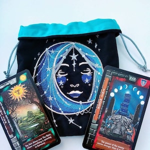 Embroidered Silver Luna Drawstring Bag/ Tarot Pouch/Rune Bag/ Crystal Pouch