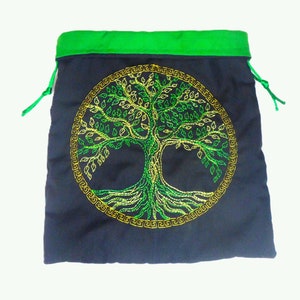 Bestickter eingerahmter Baum des Lebens Kordelzugbeutel / Runenbeutel / Tarotbeutel / Würfelbeutel