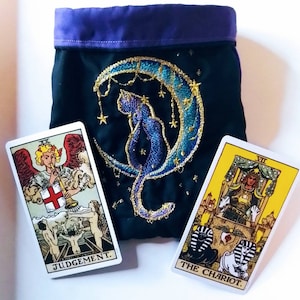 Gestickte Katze auf dem Mond Tarot Beutel/ Kristall Tasche/ Runen Beutel/ Würfel Tasche