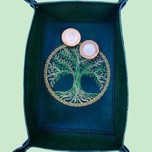Embroidered Tree of life Faux Leather Coin tray / Catch All / Dice tray