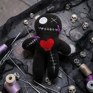 Voodoo Doll Pincushion, Gothic Sewing Pin Cushion, Spooky Cute Sewing Gift, Black Plush Pincushion, Halloween Craft Accessory