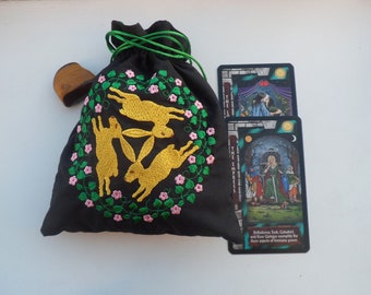 Hare embroidered Tarot Bag /Pouch/Rune Bag /Dice Bag/ Crystal Pouch/ Drawstring Bag