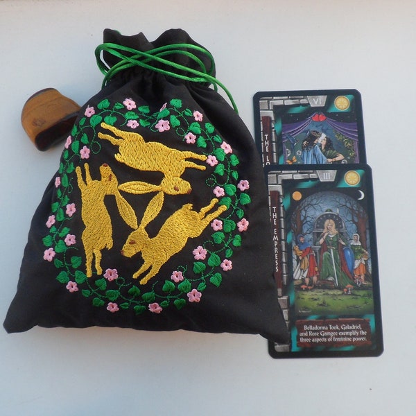 Hare embroidered Tarot Bag /Pouch/Rune Bag /Dice Bag/ Crystal Pouch/ Drawstring Bag