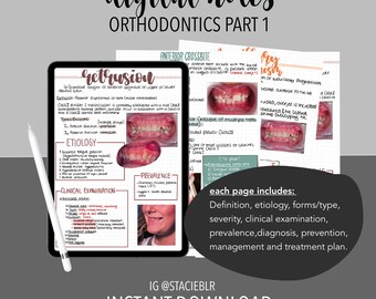 May include: Digital notes titled Orthodontics Part 1 displayed on a tablet with a stylus. The notes feature handwritten text, diagrams, and clinical dental photographs covering topics like retrusion, etiology, and clinical examination.