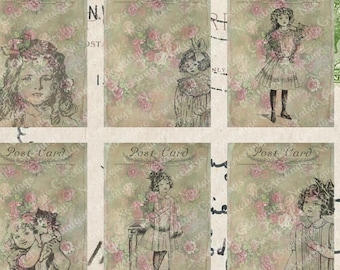 May include: A collage of vintage postcards featuring illustrations of young girls in dresses, with floral and script backgrounds. The postcards have the text "Post Card" at the top, with a faded, antique aesthetic.