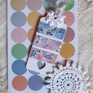 Washi Samples/Vintage Journal Tag/Ephemera/Floral Washi Tape/Shabby/Dot Stickers/Crocheted Medallion/Dyed Sari Silk/Craft Scrapbook Supplies