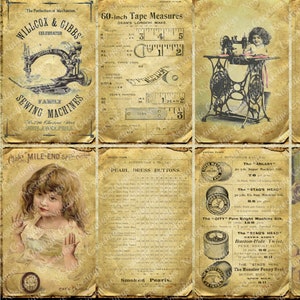 Puede incluir: Un collage vintage con imágenes sepia de máquinas de coser, cintas métricas y anuncios. El texto está en inglés. Incluye imágenes de niños y mujeres. Las cintas métricas son de 152 cm.