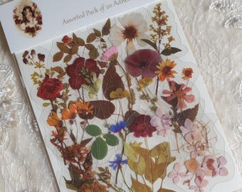 Faux Dried Pressed Flowers Sticker Pack/Floral/Roses/Leaves   Botanical/Vintage Ephemera/Journal Planner/Scrapbook/Plant Stickers/Pack of 20