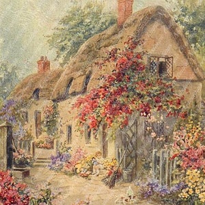 Stampa giardino cottage inglese STAMPABILE - Cartolina vittoriana/Classica/Tetto di paglia/Botanica/Fiori cottage/Rose ragazza/Bambola/Arte digitale DOWNLOAD