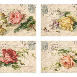 Cartões de diário de rosas vintage para impressão - Cartões postais com carimbo francês/Shabby Chic/Cartão/Floral C.Klein/Tags/Jardim botânico digital DOWNLOAD